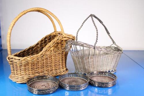 Two wine bottle holders and three wine bottle coasters in one lot